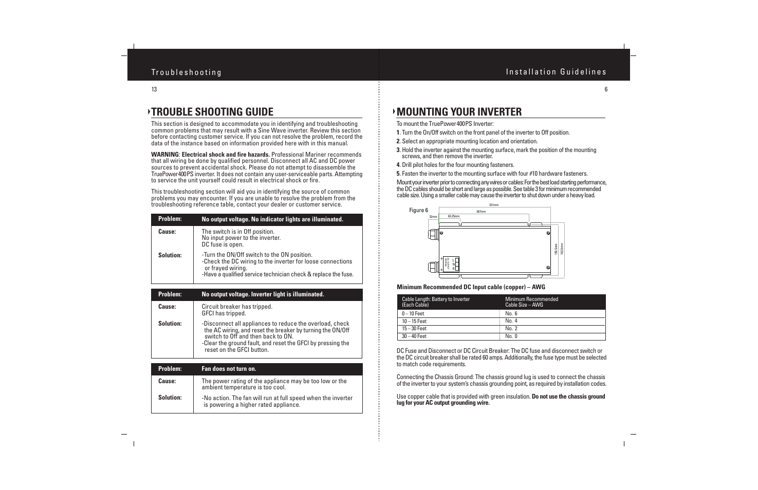 Mounting your inverter, Trouble shooting guide | ProMariner TruePower 400PS User Manual | Page 8 / 11