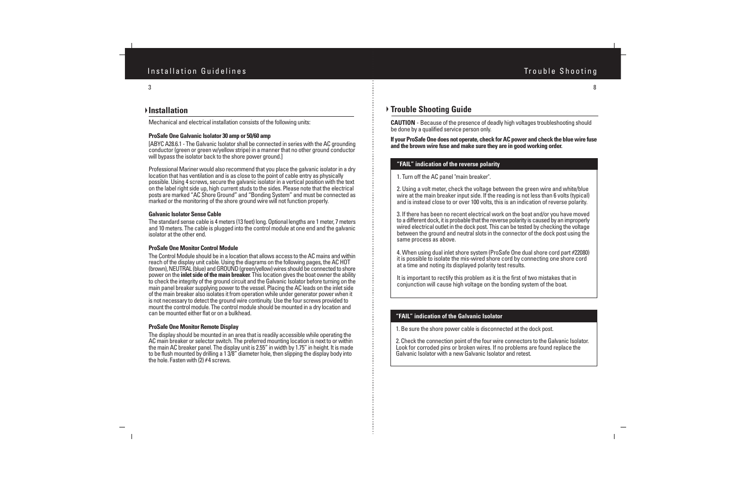 Installation, Trouble shooting guide | ProMariner ProSafe One User Manual | Page 5 / 7