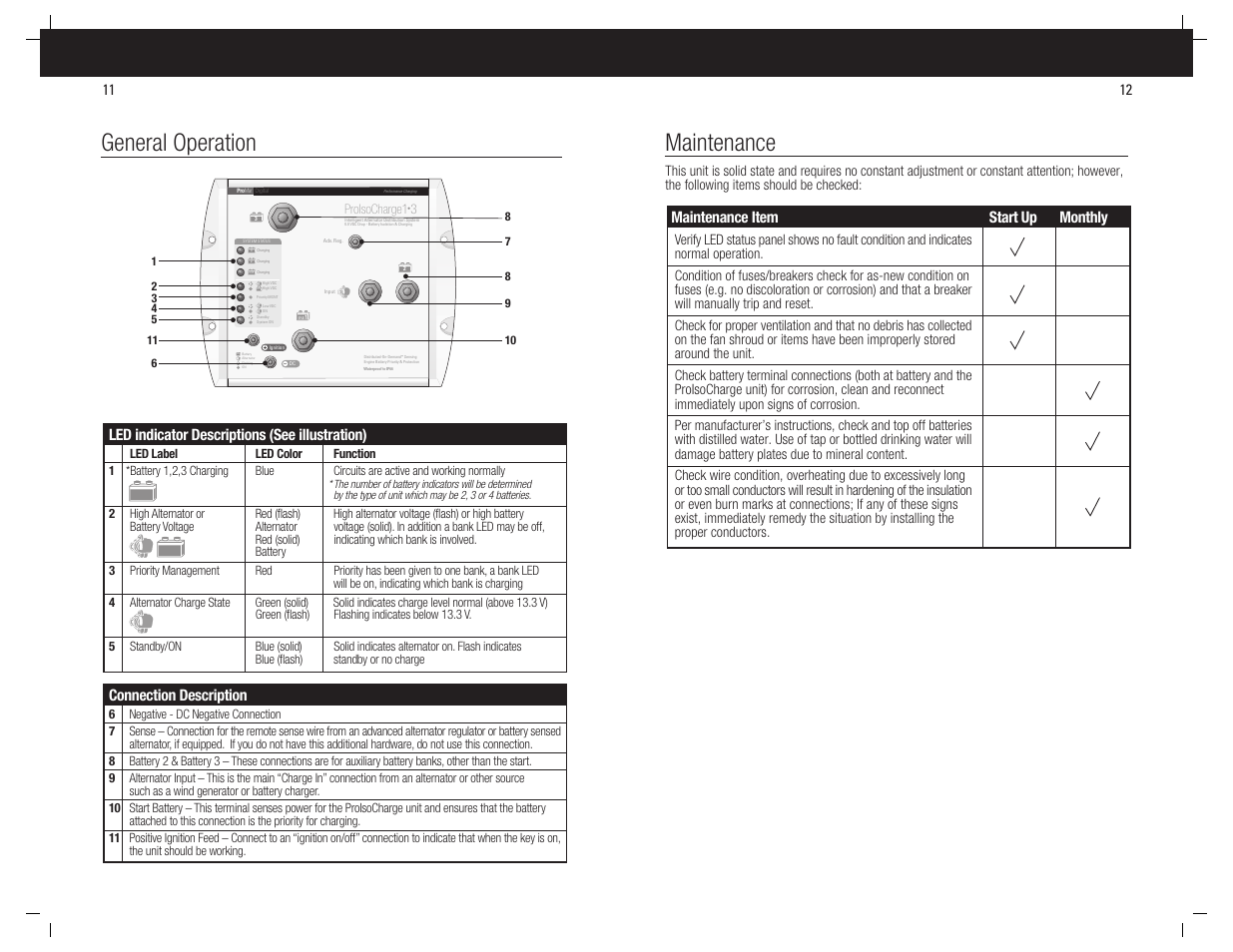 Maintenance, General operation, Maintenance item start up monthly | Connection description, Led indicator descriptions (see illustration) | ProMariner ProIsoCharge User Manual | Page 7 / 8