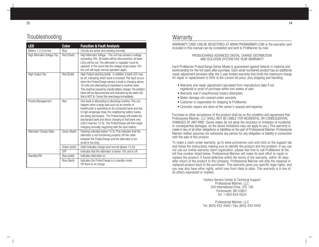 Troubleshooting, Warranty | ProMariner ProIsoCharge User Manual | Page 8 / 8