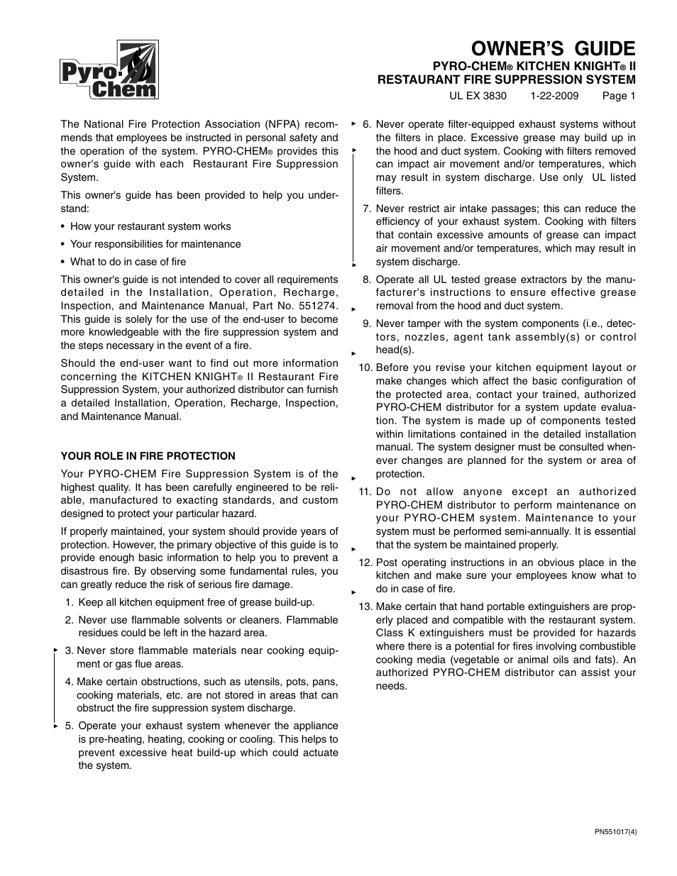 Pyro-Chem KITCHEN KNIGHT II User Manual | 4 pages