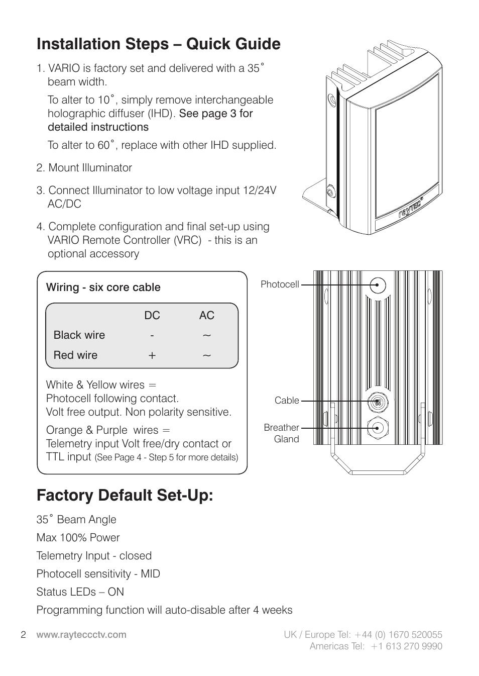 Installation steps – quick guide, Factory default set-up | Raytec VARIO w2 User Manual | Page 2 / 12