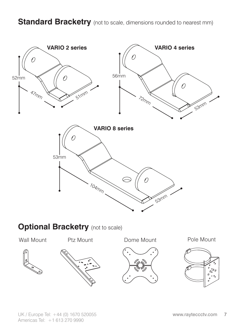 Optional bracketry, Standard bracketry | Raytec VARIO w2 User Manual | Page 7 / 12