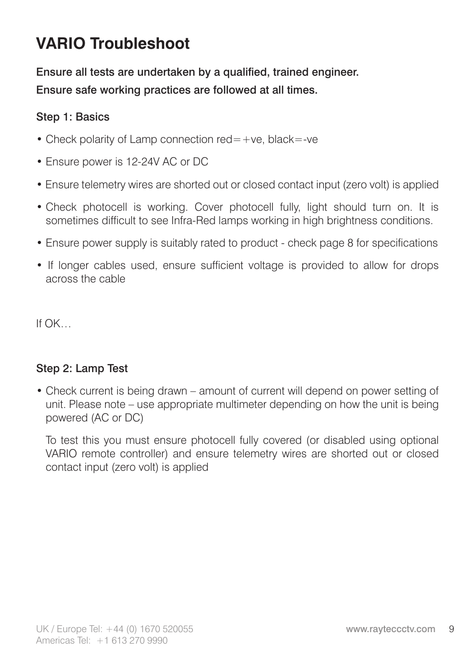 Vario troubleshoot | Raytec VARIO w2 User Manual | Page 9 / 12