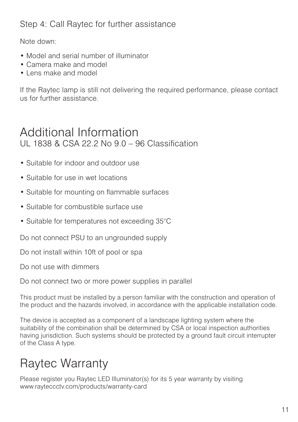 Additional information, Raytec warranty, Step 4: call raytec for further assistance | Raytec Raylux Panoramic User Manual | Page 11 / 12