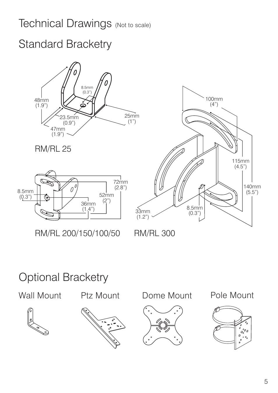 Technical drawings, Standard bracketry optional bracketry, Rm/rl 300 | Raytec Raylux Panoramic User Manual | Page 5 / 12