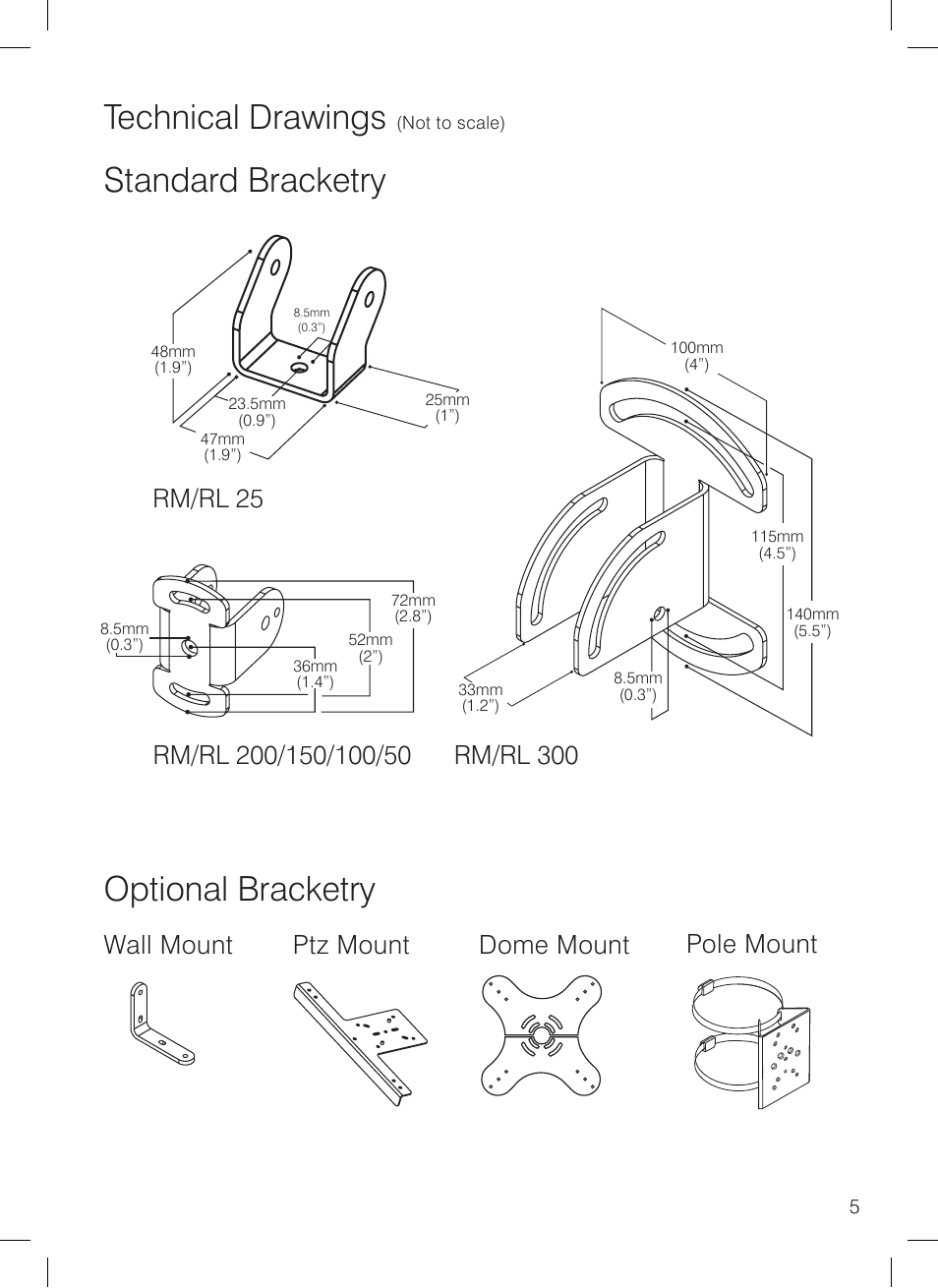 Technical drawings, Standard bracketry optional bracketry, Rm/rl 300 | Raytec RAYMAX 300 PLATINUM User Manual | Page 5 / 12