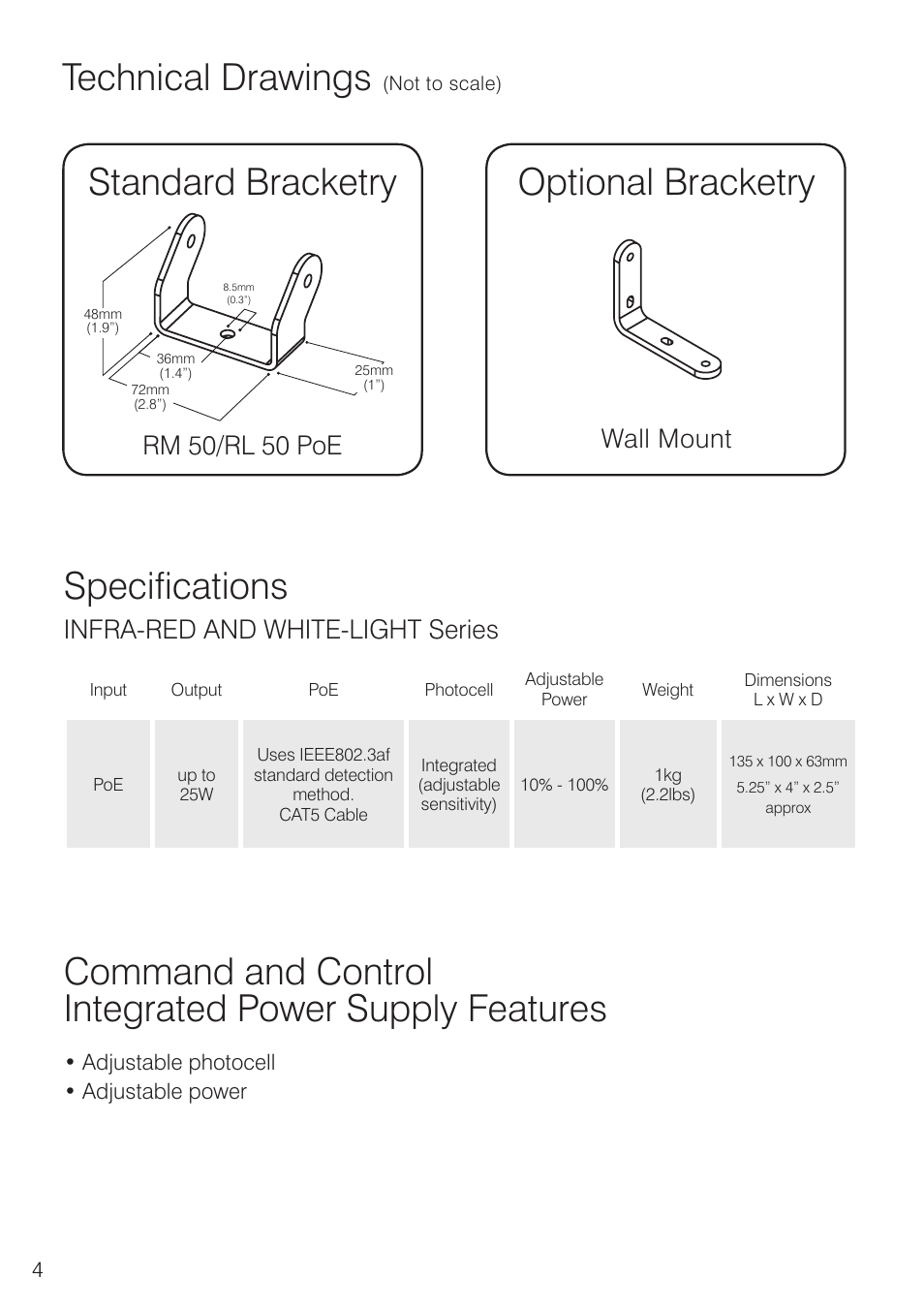 Technical drawings, Optional bracketry, Standard bracketry | Specifications, Wall mount, Rm 50/rl 50 poe, Infra-red and white-light series | Raytec RAYLUX 50 HP PoE User Manual | Page 4 / 6