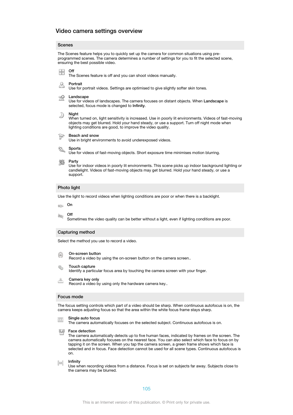 Video camera settings overview | Sony Ericsson Xperia™ ion HSPA(LT28H) User Manual | Page 105 / 148