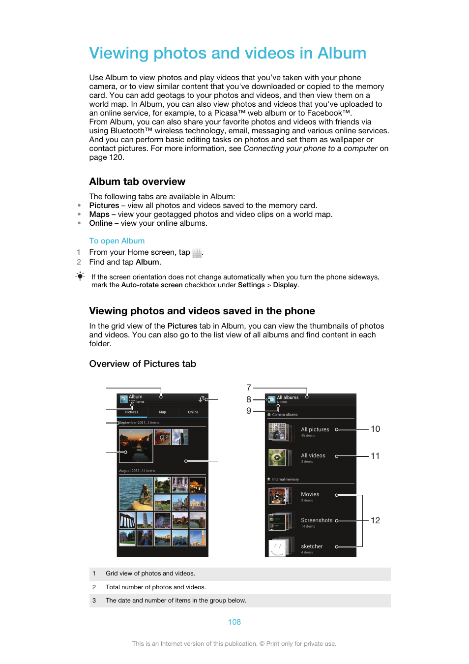 Viewing photos and videos in album, Album tab overview, Viewing photos and videos saved in the phone | Sony Ericsson Xperia™ ion HSPA(LT28H) User Manual | Page 108 / 148