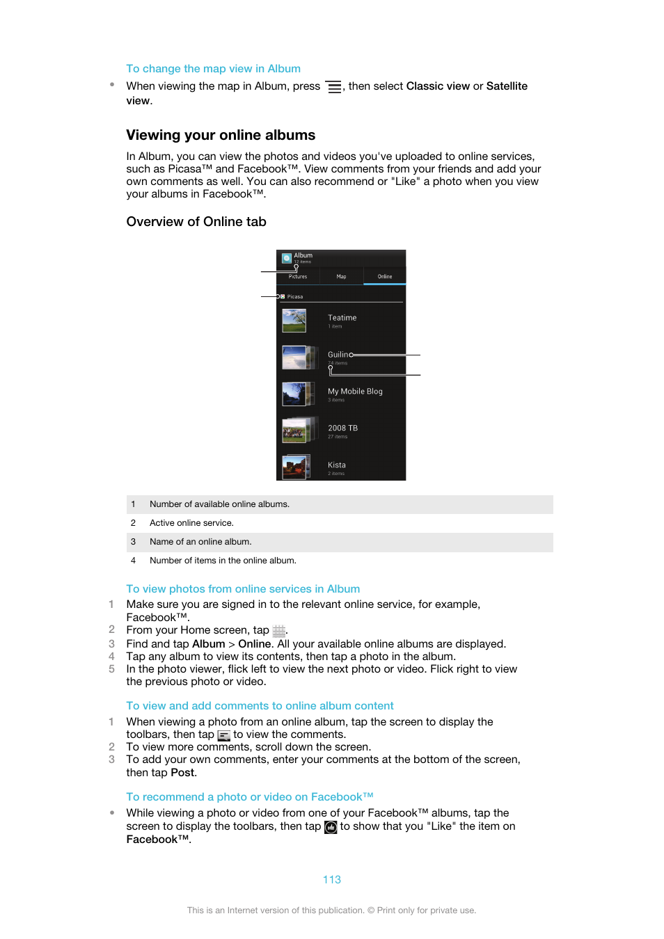 Viewing your online albums, Overview of online tab | Sony Ericsson Xperia™ ion HSPA(LT28H) User Manual | Page 113 / 148