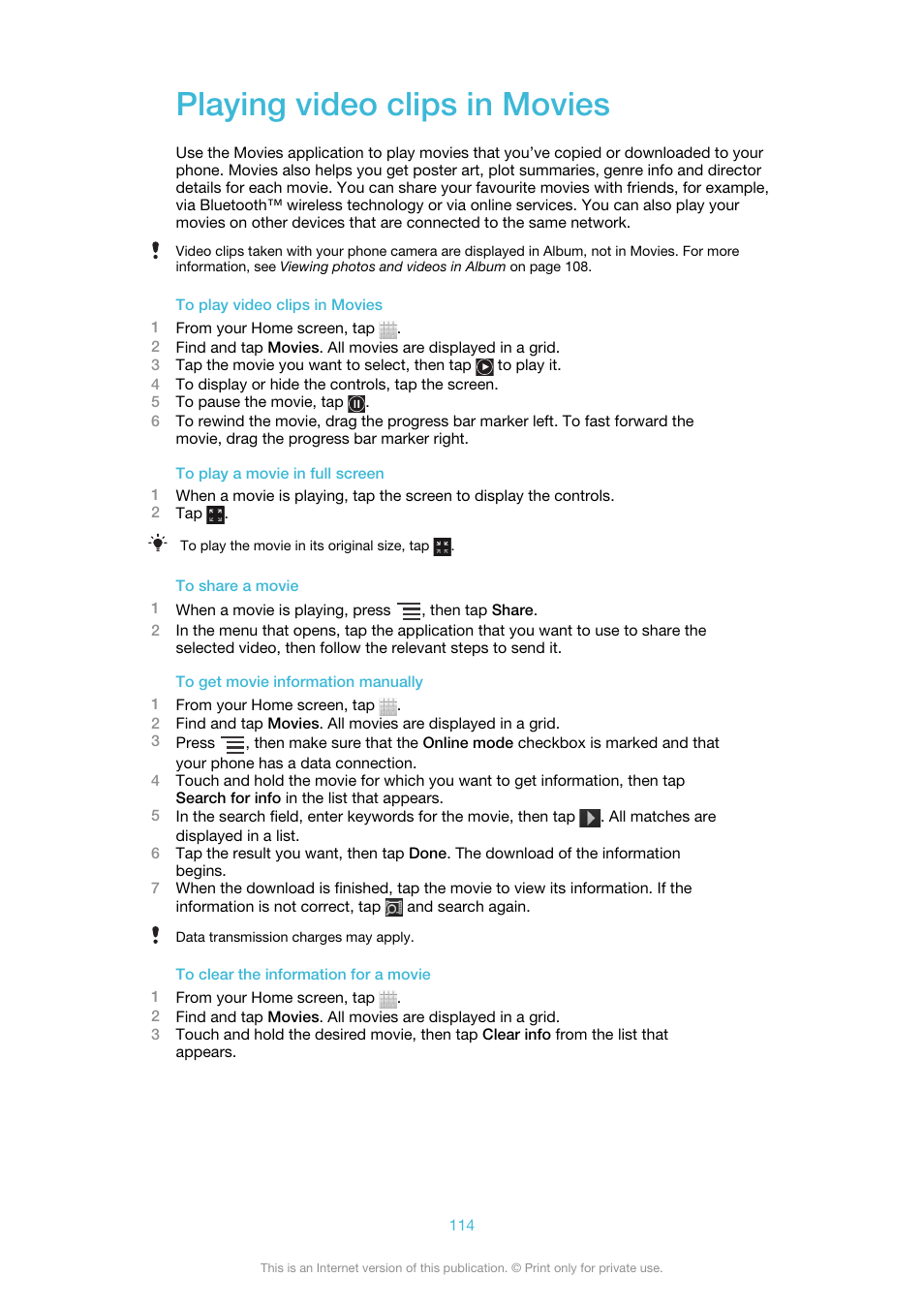 Playing video clips in movies | Sony Ericsson Xperia™ ion HSPA(LT28H) User Manual | Page 114 / 148