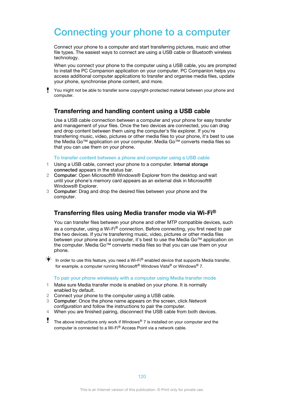 Connecting your phone to a computer | Sony Ericsson Xperia™ ion HSPA(LT28H) User Manual | Page 120 / 148