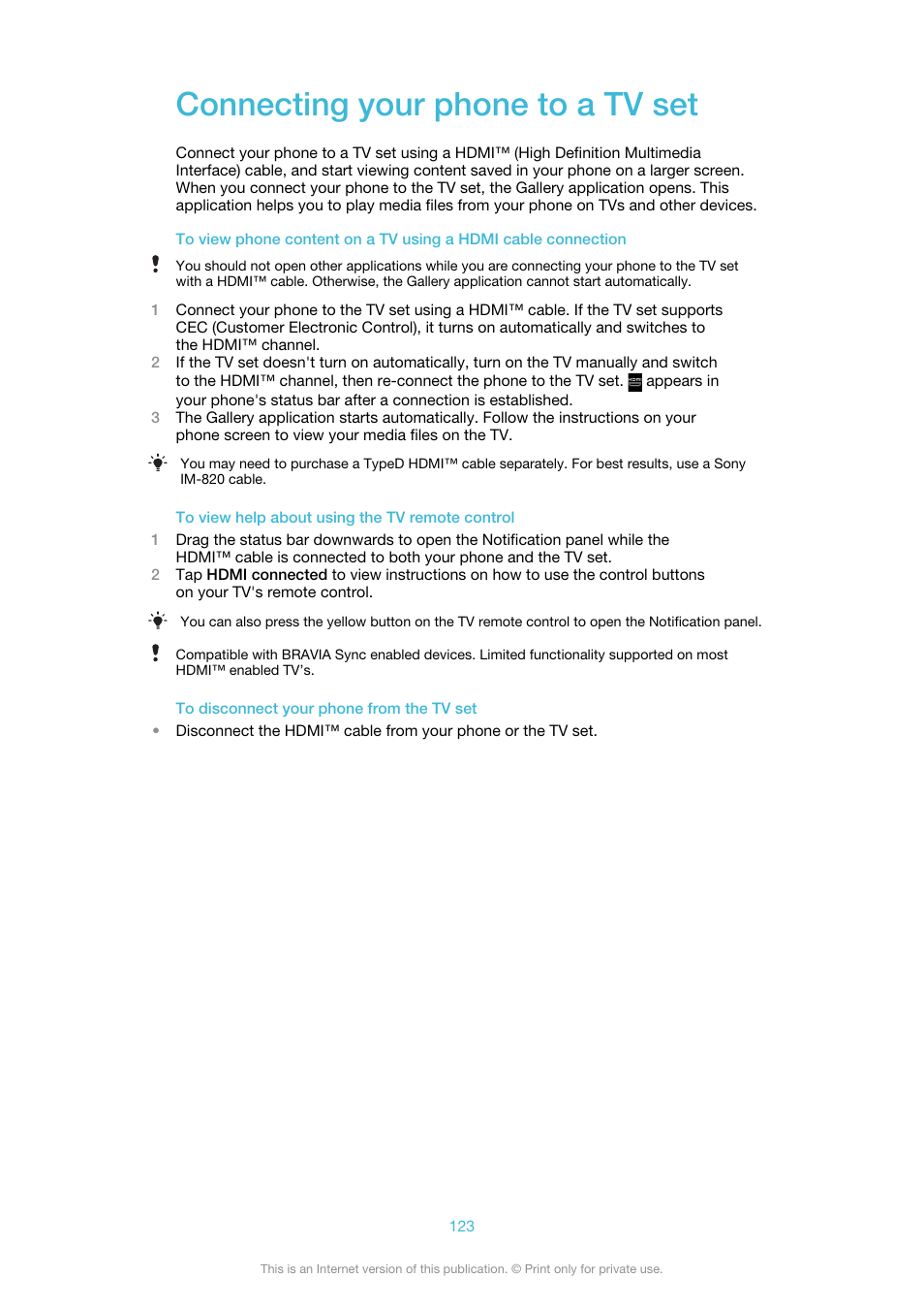 Connecting your phone to a tv set | Sony Ericsson Xperia™ ion HSPA(LT28H) User Manual | Page 123 / 148