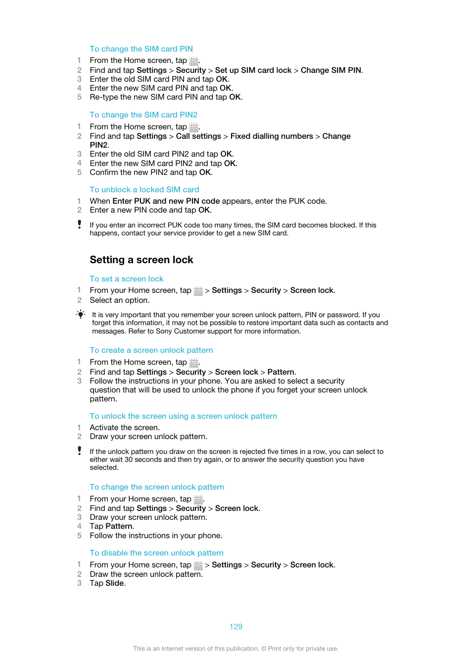 Setting a screen lock | Sony Ericsson Xperia™ ion HSPA(LT28H) User Manual | Page 129 / 148