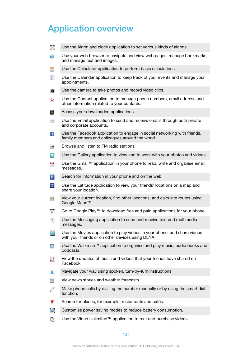 Application overview | Sony Ericsson Xperia™ ion HSPA(LT28H) User Manual | Page 137 / 148