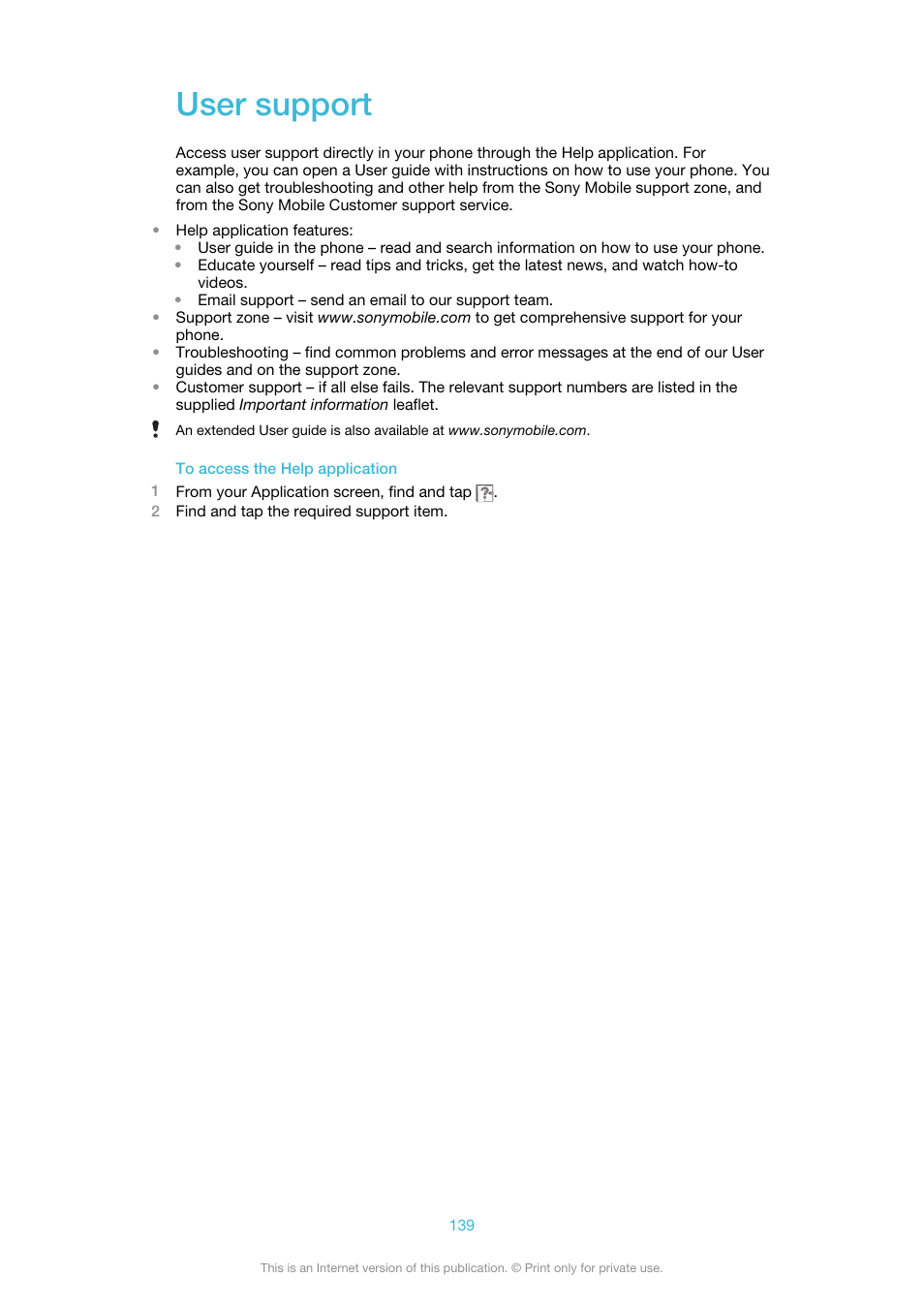 User support | Sony Ericsson Xperia™ ion HSPA(LT28H) User Manual | Page 139 / 148