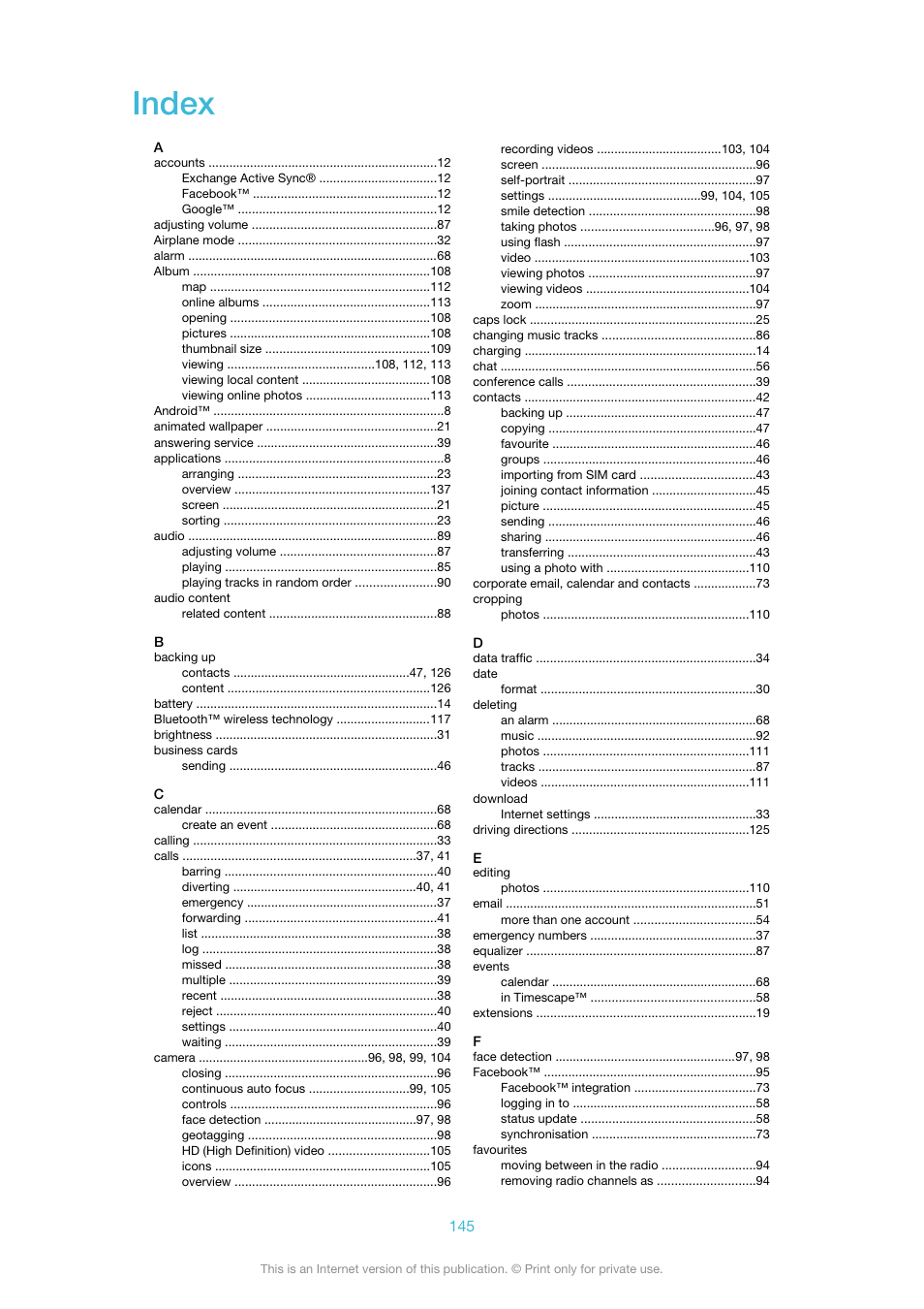 Index | Sony Ericsson Xperia™ ion HSPA(LT28H) User Manual | Page 145 / 148