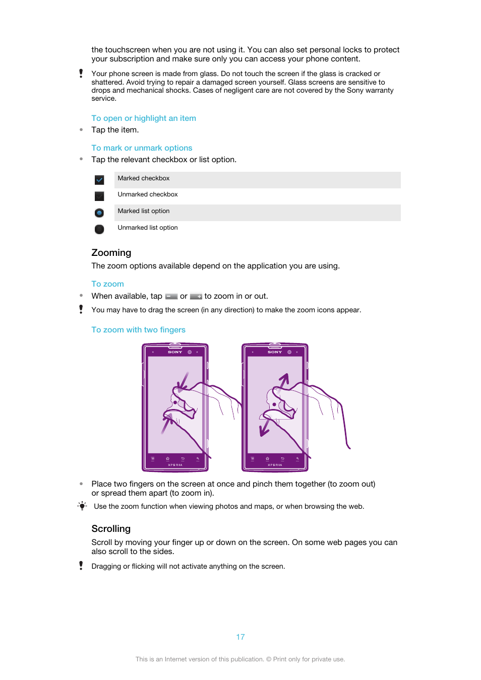 Zooming, Scrolling | Sony Ericsson Xperia™ ion HSPA(LT28H) User Manual | Page 17 / 148