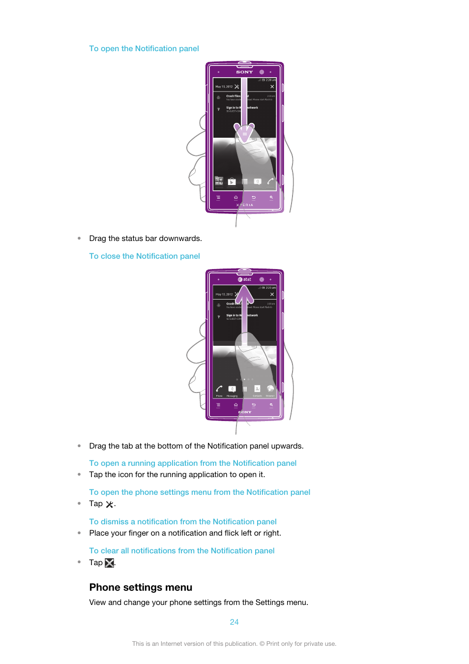 Phone settings menu | Sony Ericsson Xperia™ ion HSPA(LT28H) User Manual | Page 24 / 148