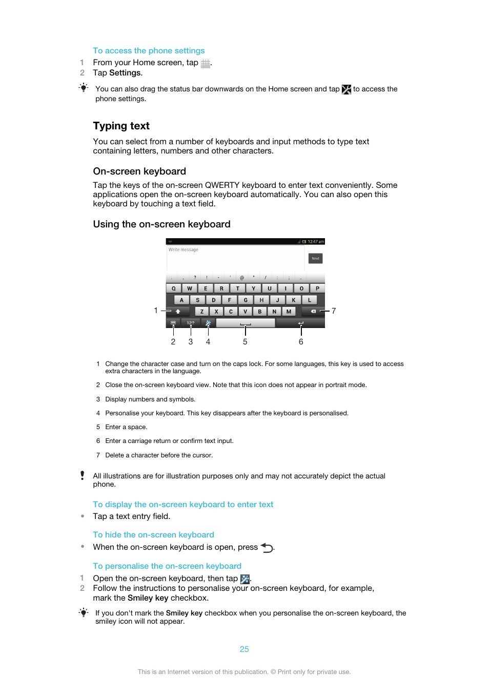 Typing text, On-screen keyboard, Using the on-screen keyboard | Sony Ericsson Xperia™ ion HSPA(LT28H) User Manual | Page 25 / 148