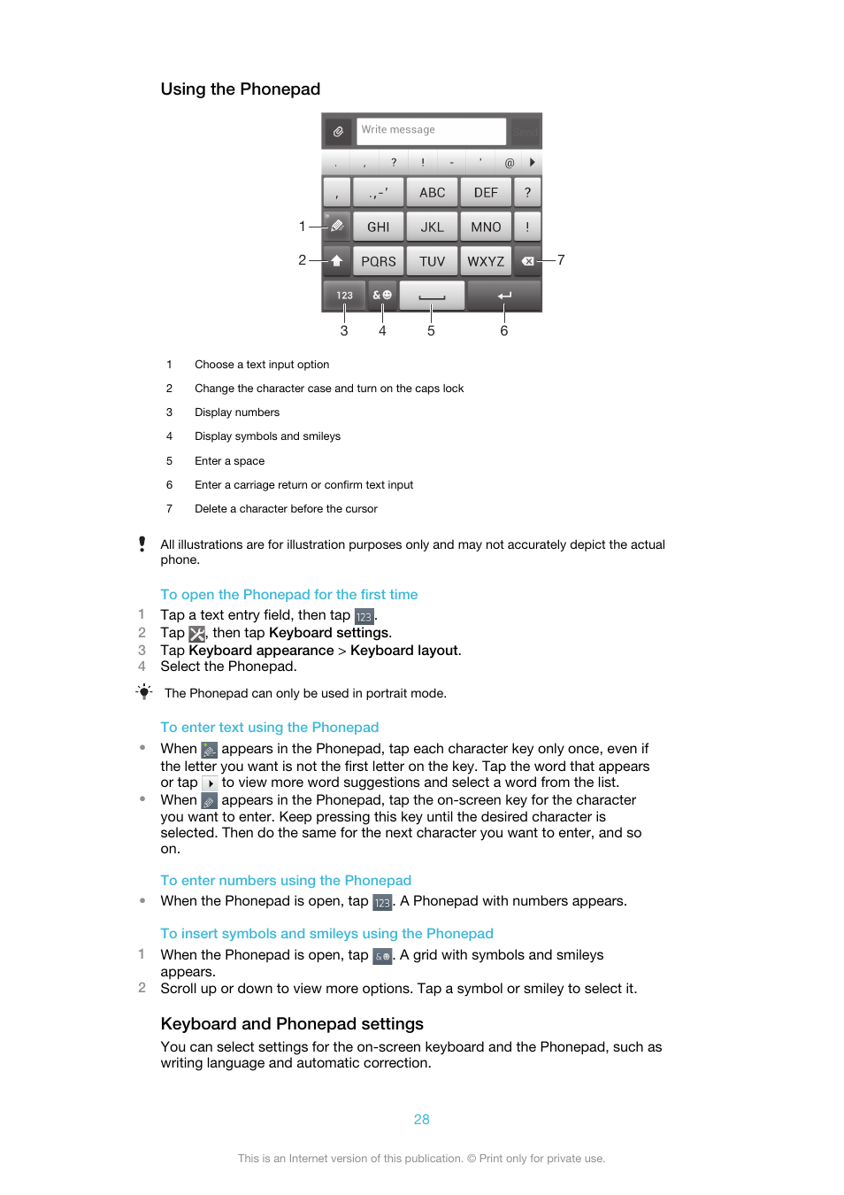 Using the phonepad, Keyboard and phonepad settings | Sony Ericsson Xperia™ ion HSPA(LT28H) User Manual | Page 28 / 148