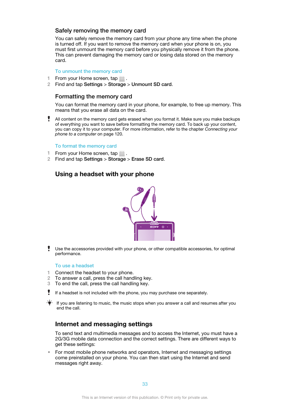 Using a headset with your phone, Internet and messaging settings | Sony Ericsson Xperia™ ion HSPA(LT28H) User Manual | Page 33 / 148