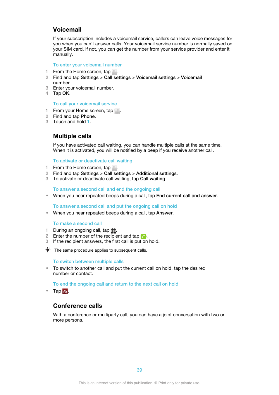 Voicemail, Multiple calls, Conference calls | Voicemail multiple calls conference calls | Sony Ericsson Xperia™ ion HSPA(LT28H) User Manual | Page 39 / 148