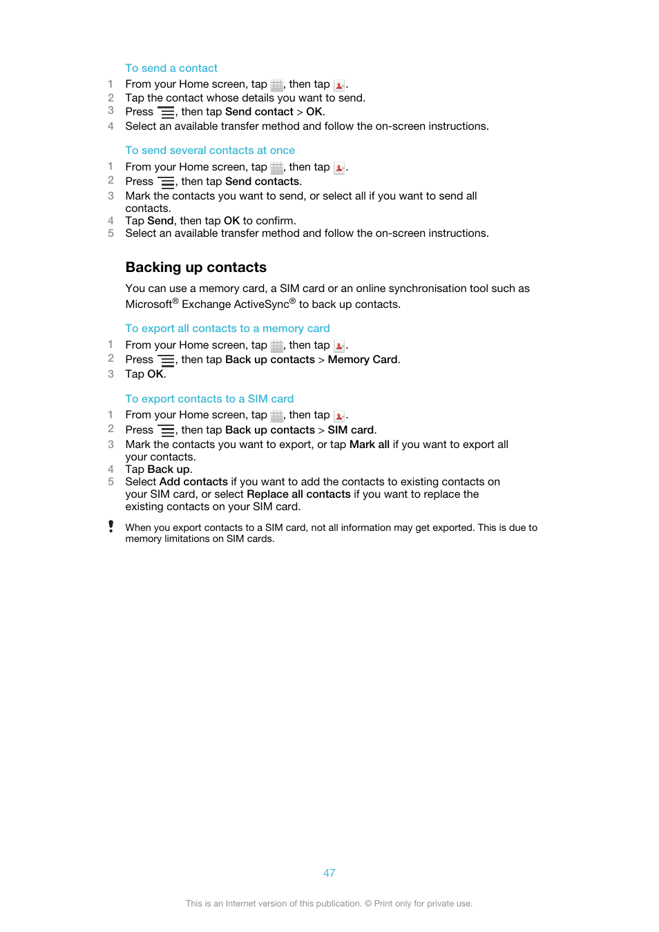 Backing up contacts | Sony Ericsson Xperia™ ion HSPA(LT28H) User Manual | Page 47 / 148