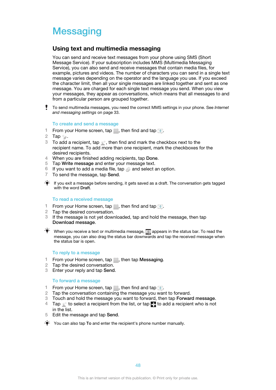 Messaging, Using text and multimedia messaging | Sony Ericsson Xperia™ ion HSPA(LT28H) User Manual | Page 48 / 148