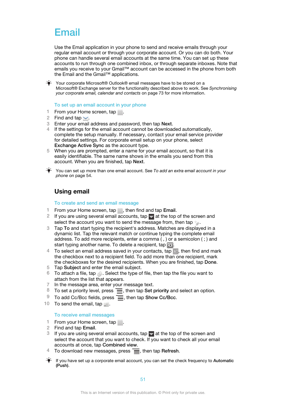 Email, Using email | Sony Ericsson Xperia™ ion HSPA(LT28H) User Manual | Page 51 / 148