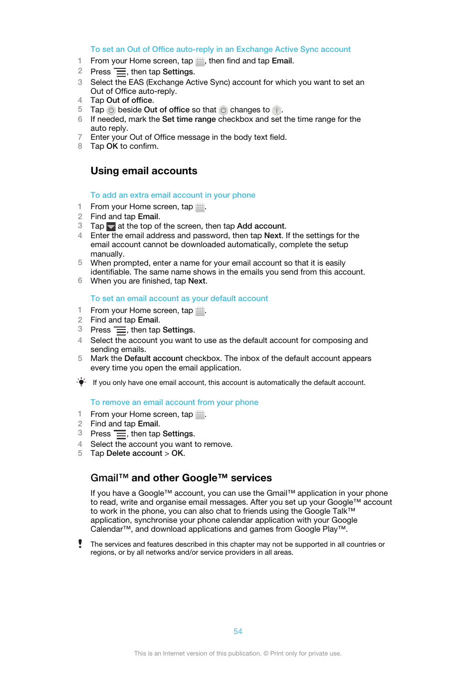 Using email accounts, Gmail™‎ and other google™‎ services, Gmail™ and other google™ services | Sony Ericsson Xperia™ ion HSPA(LT28H) User Manual | Page 54 / 148