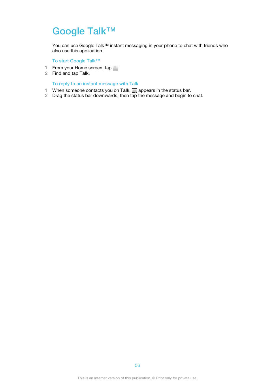 Google talk | Sony Ericsson Xperia™ ion HSPA(LT28H) User Manual | Page 56 / 148