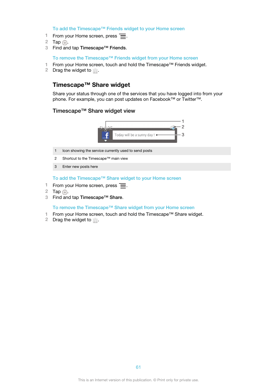 Timescape™‎ share widget, Timescape™ share widget, Timescape™ share widget view | Sony Ericsson Xperia™ ion HSPA(LT28H) User Manual | Page 61 / 148