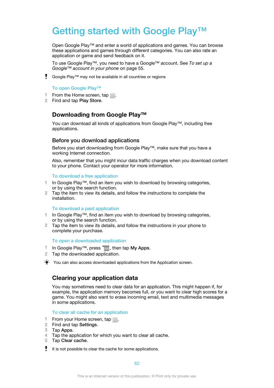 Getting started with google play, Downloading from google play, Clearing your application data | Sony Ericsson Xperia™ ion HSPA(LT28H) User Manual | Page 62 / 148
