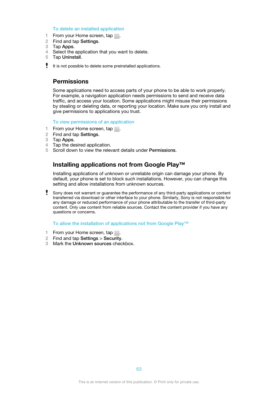 Permissions, Installing applications not from google play | Sony Ericsson Xperia™ ion HSPA(LT28H) User Manual | Page 63 / 148