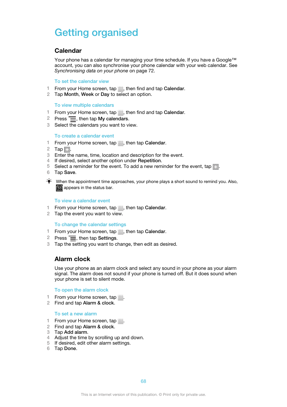 Getting organised, Calendar, Alarm clock | Calendar alarm clock | Sony Ericsson Xperia™ ion HSPA(LT28H) User Manual | Page 68 / 148