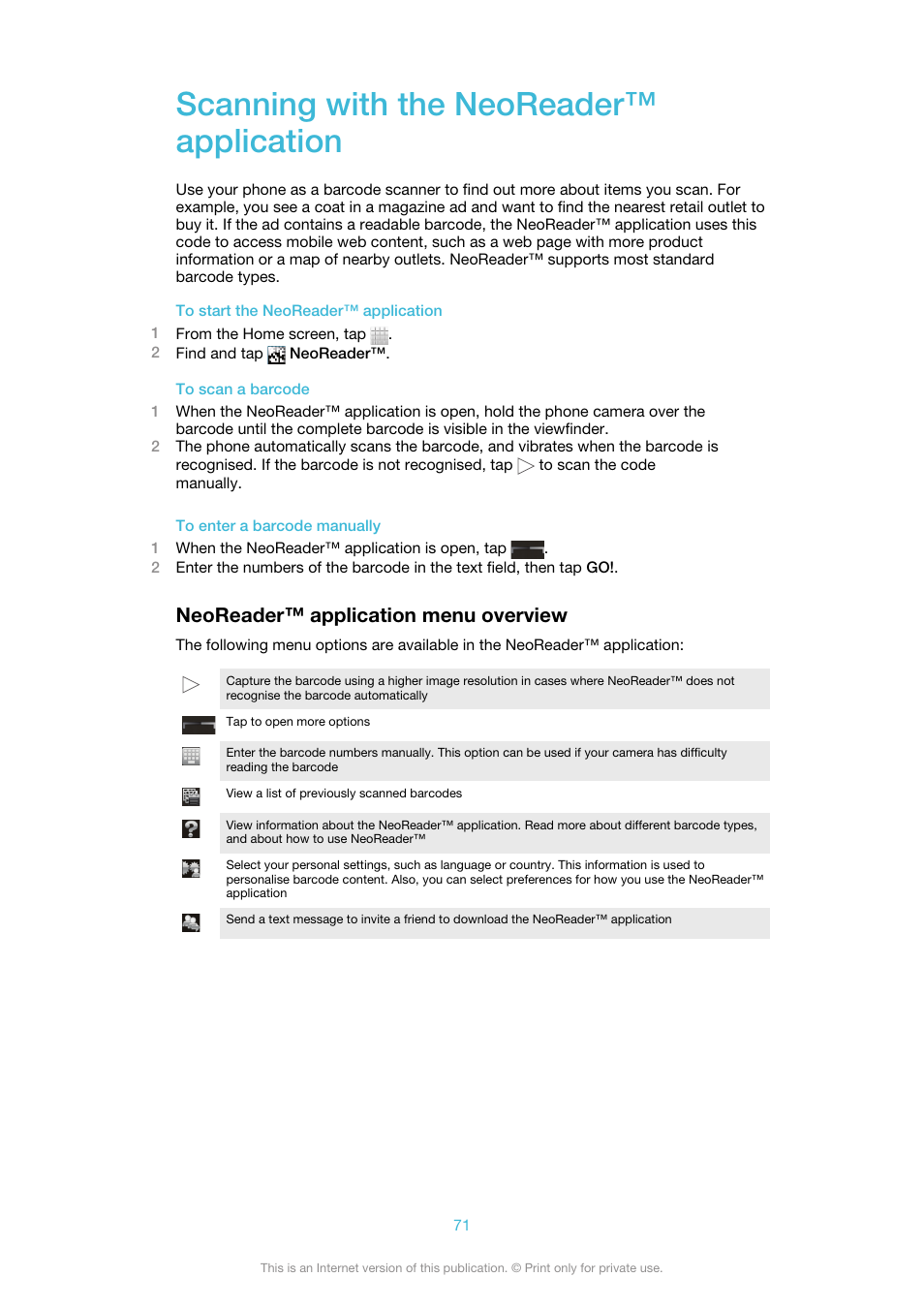 Scanning with the neoreader™‎ application, Neoreader™‎ application menu overview, Scanning with the neoreader™ application | Neoreader™ application menu overview | Sony Ericsson Xperia™ ion HSPA(LT28H) User Manual | Page 71 / 148