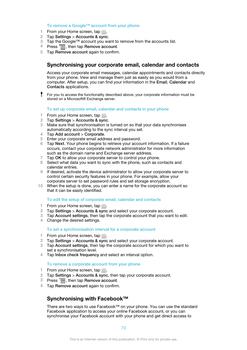 Synchronising with facebook, Synchronising, Your corporate email, calendar and contacts | Sony Ericsson Xperia™ ion HSPA(LT28H) User Manual | Page 73 / 148