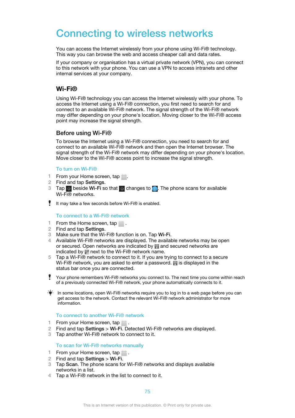 Connecting to wireless networks, Wi-fi | Sony Ericsson Xperia™ ion HSPA(LT28H) User Manual | Page 75 / 148