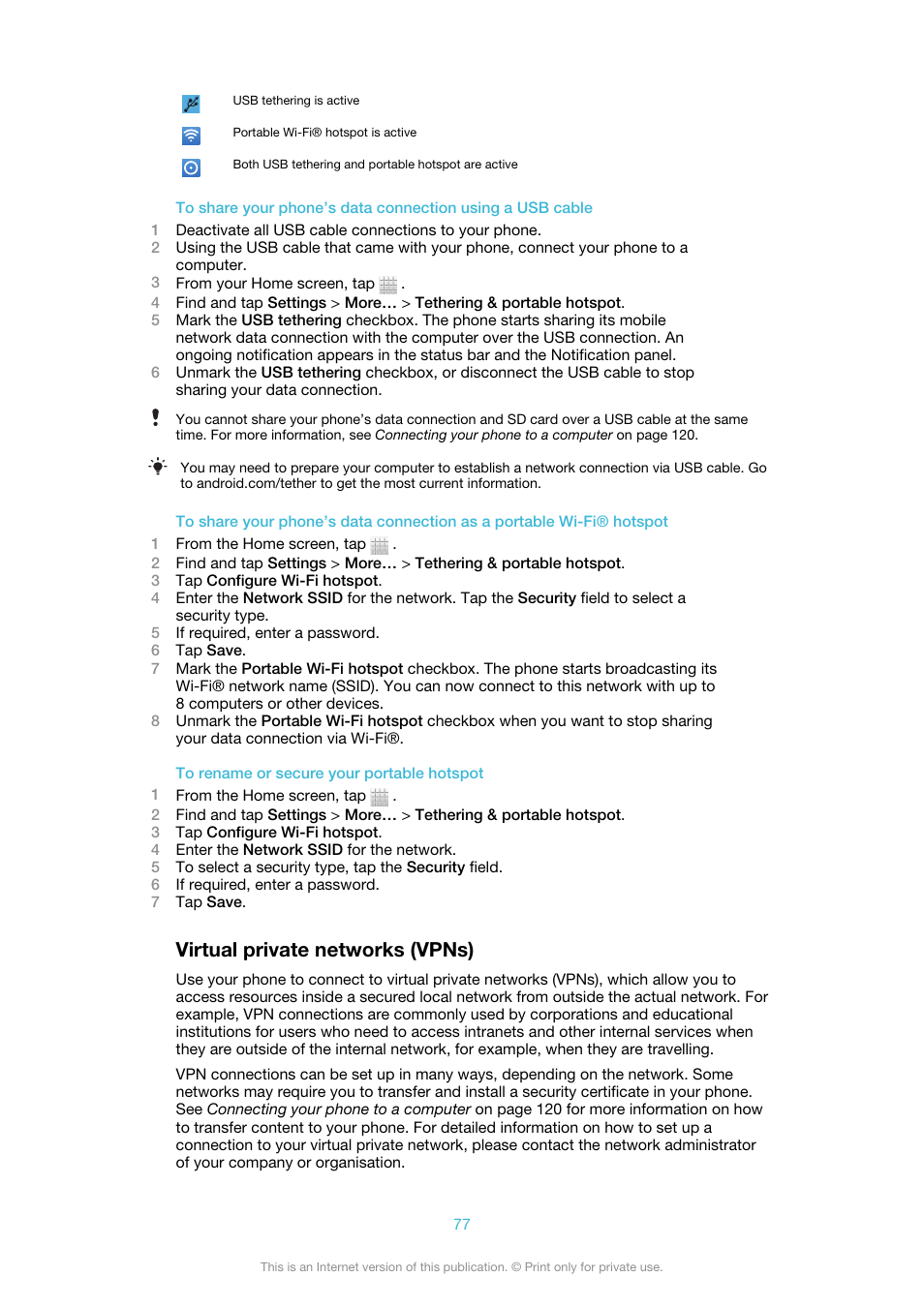 Virtual private networks (vpns) | Sony Ericsson Xperia™ ion HSPA(LT28H) User Manual | Page 77 / 148