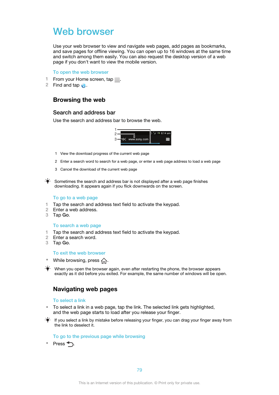 Web browser, Browsing the web, Navigating web pages | Sony Ericsson Xperia™ ion HSPA(LT28H) User Manual | Page 79 / 148