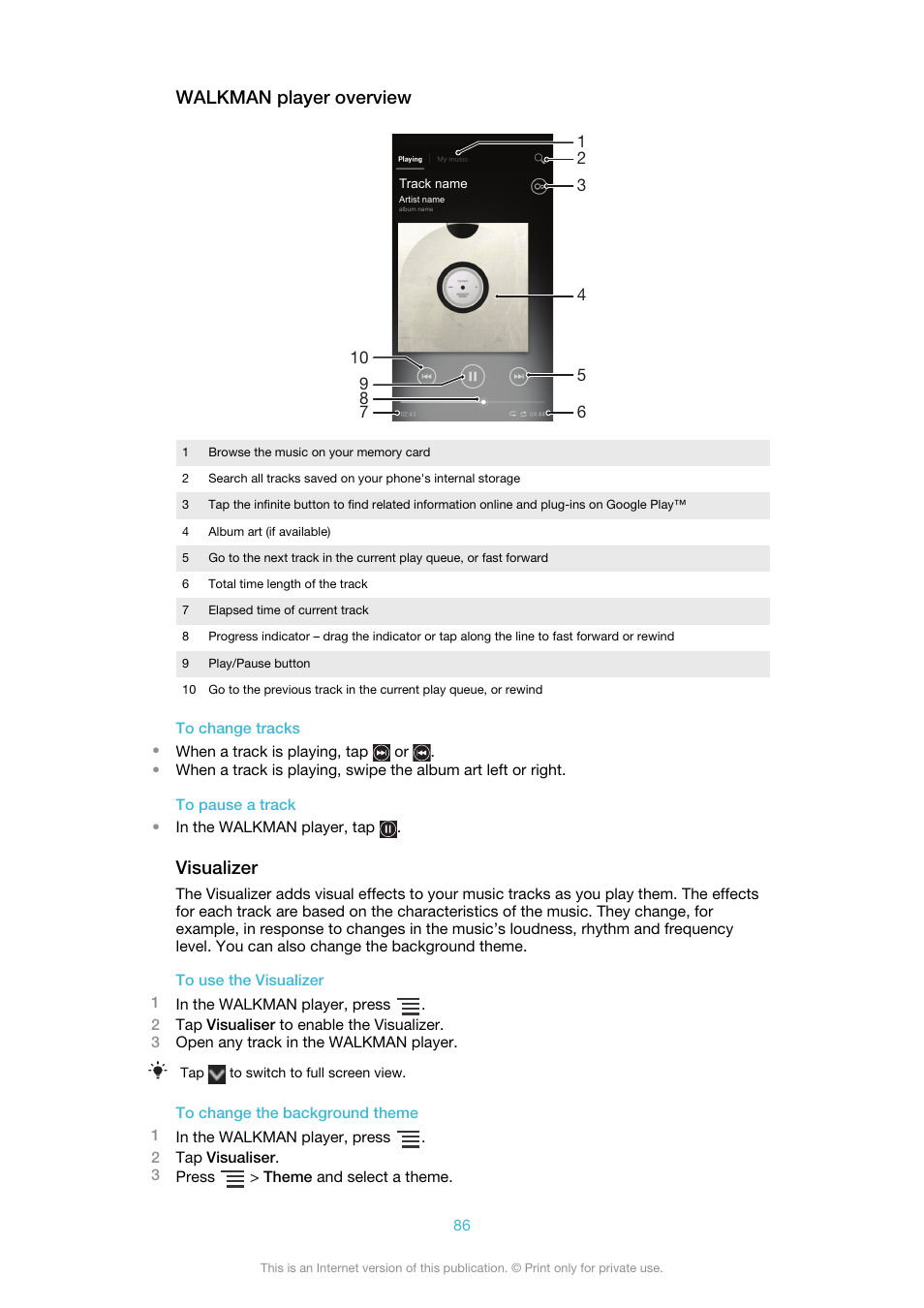 Walkman player overview, Visualizer | Sony Ericsson Xperia™ ion HSPA(LT28H) User Manual | Page 86 / 148