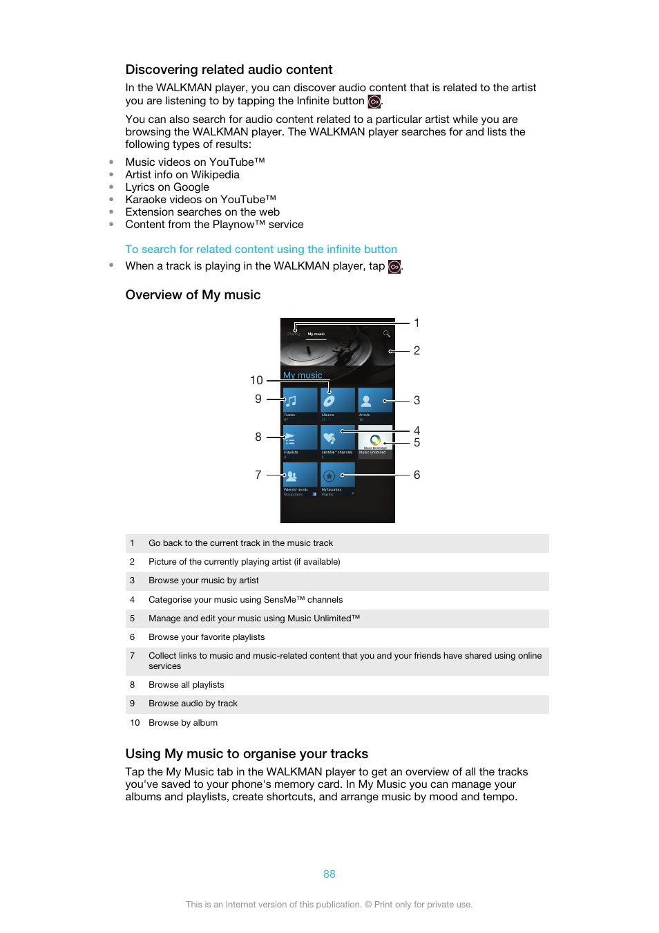 Discovering related audio content, Overview of my music, Using my music to organise your tracks | Sony Ericsson Xperia™ ion HSPA(LT28H) User Manual | Page 88 / 148