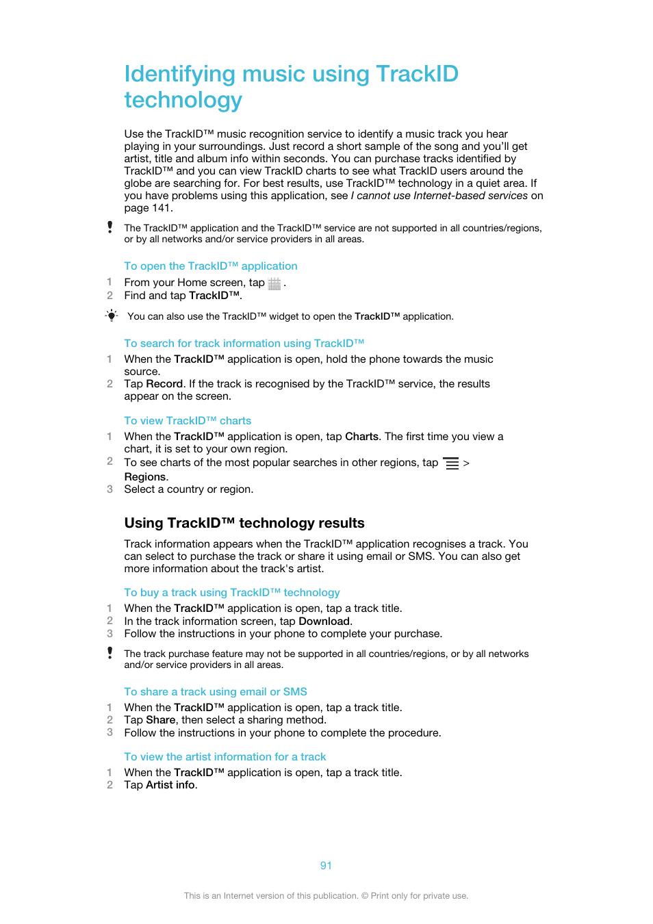 Identifying music using trackid technology, Using trackid™‎ technology results, Using trackid™ technology results | Sony Ericsson Xperia™ ion HSPA(LT28H) User Manual | Page 91 / 148