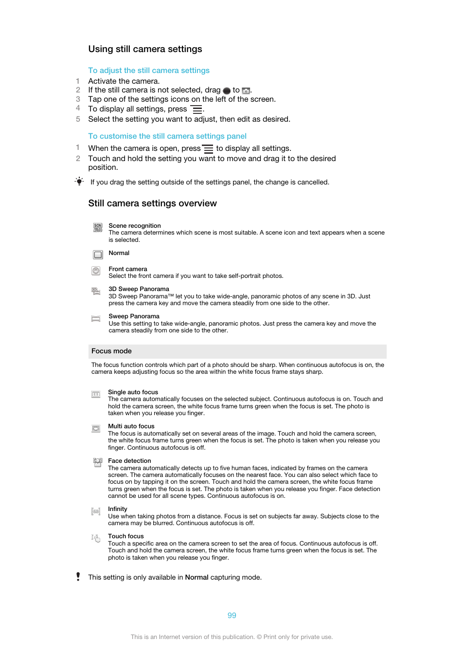 Using still camera settings, Still camera settings overview | Sony Ericsson Xperia™ ion HSPA(LT28H) User Manual | Page 99 / 148