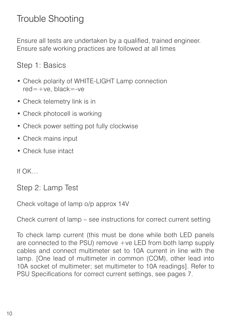 Trouble shooting, Step 1: basics, Step 2: lamp test | Raytec UBF16 User Manual | Page 10 / 12