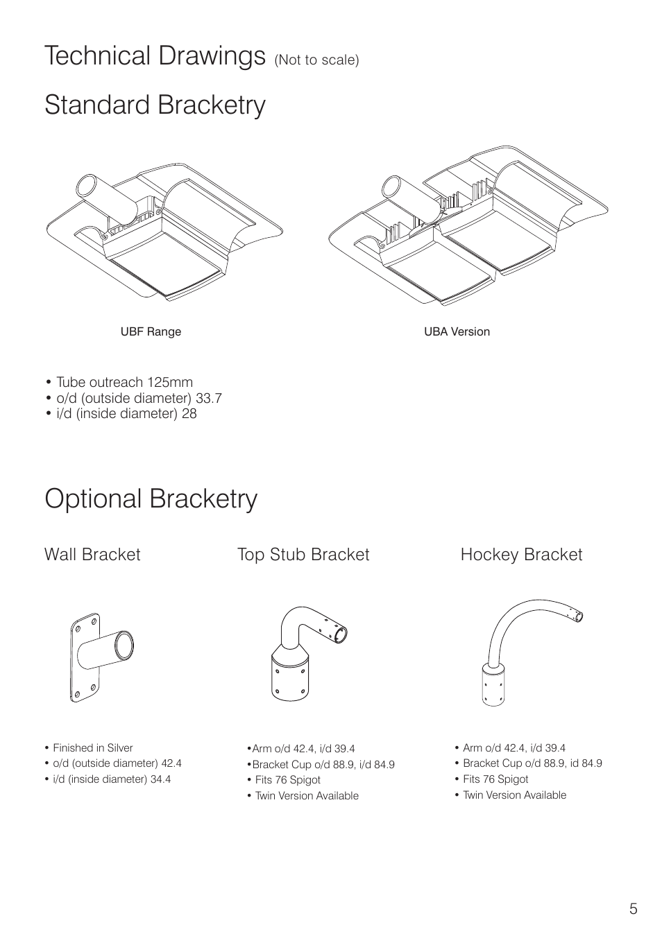 Technical drawings, Standard bracketry optional bracketry | Raytec UBF16 User Manual | Page 5 / 12