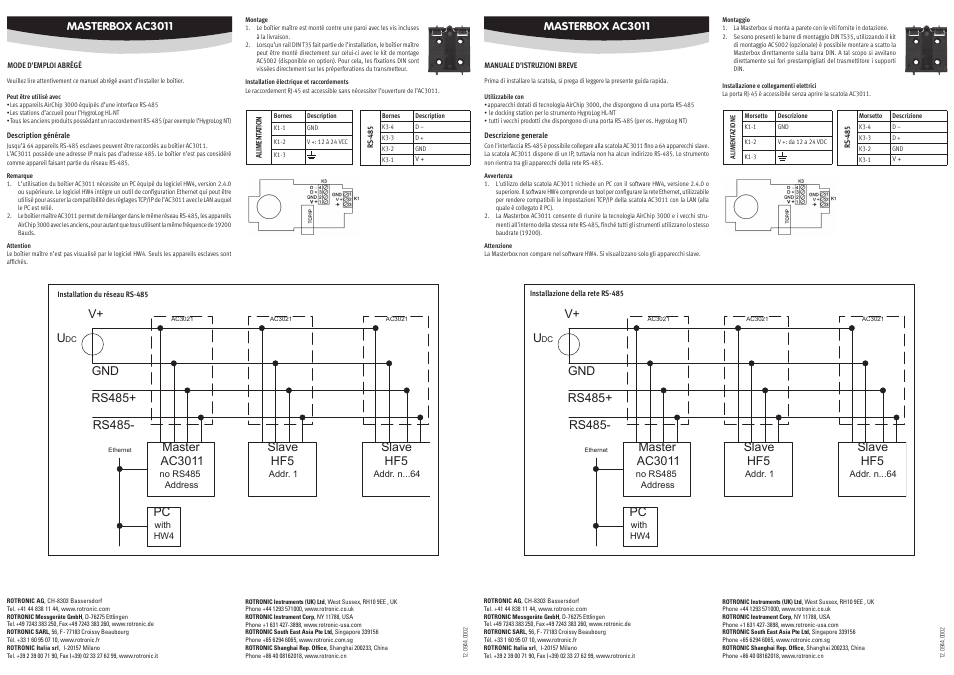 V+ u, Slave hf5, Masterbox ac3011 | ROTRONIC AC3011 User Manual | Page 2 / 2