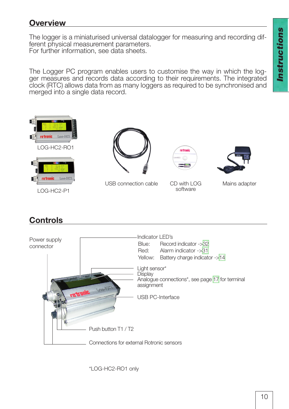 Overview, Controls, Instructions | ROTRONIC LOG-HC2 Universal Datalogger User Manual | Page 10 / 60